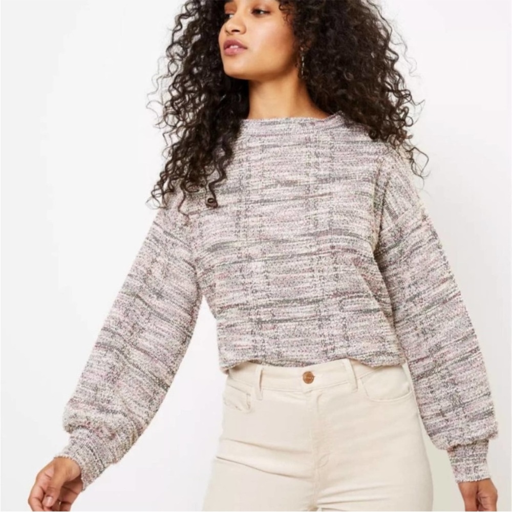 Ann Taylor LOFT Cotton Marled Boatneck Ballon Sleeve Boucle Blouse